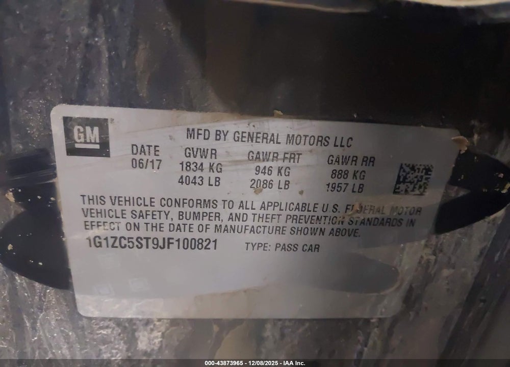 2018 CHEVROLET MALIBU 1FL VIN: 1G1ZC5ST9JF100821