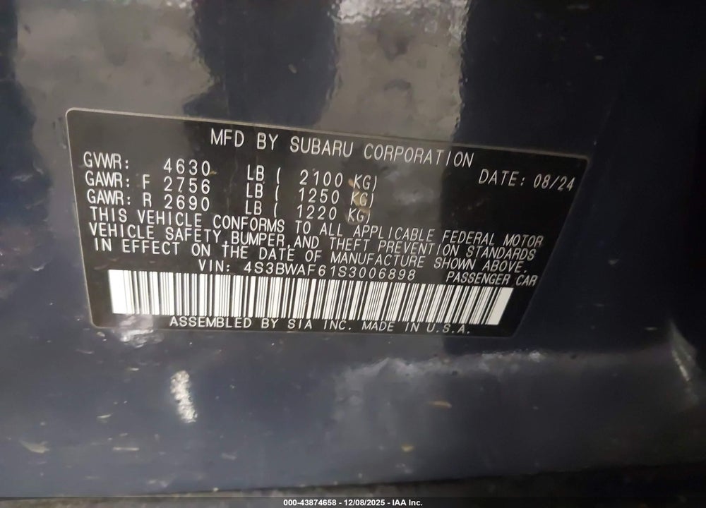 2025 SUBARU LEGACY PREMIUM VIN: 4S3BWAF61S3006898
