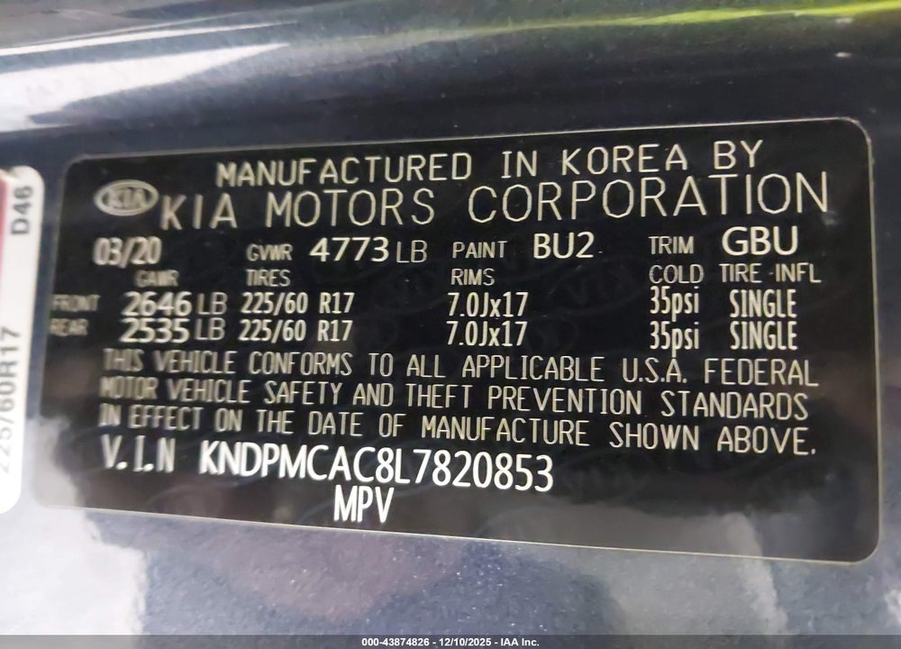 2020 KIA SPORTAGE LX VIN: KNDPMCAC8L7820853