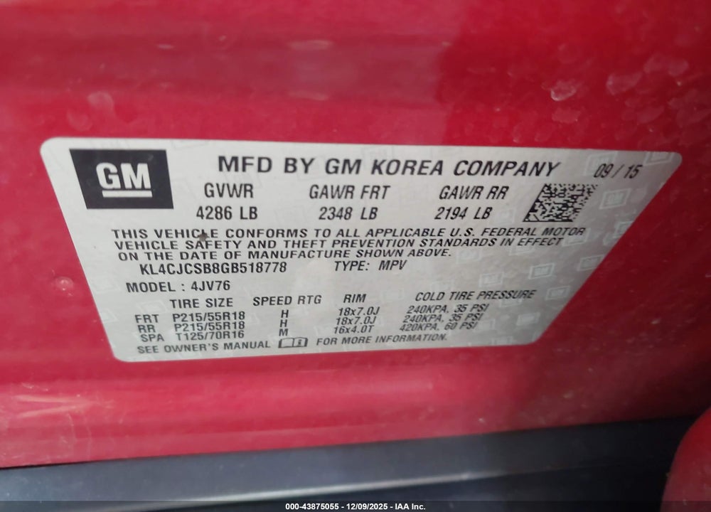 2016 BUICK ENCORE VIN: KL4CJCSB8GB518778