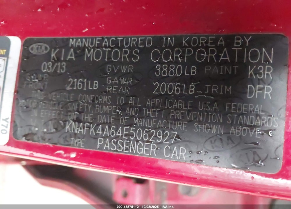 2014 KIA FORTE LX VIN: KNAFK4A64E5062927