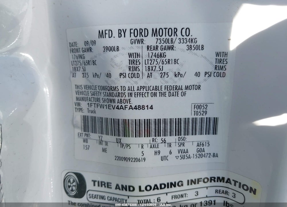 2010 FORD F-150 XLT VIN: 1FTFW1EV4AFA48814
