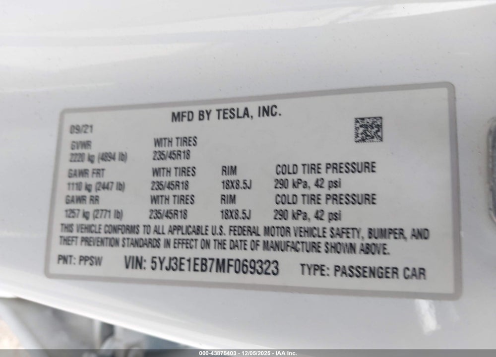 2021 TESLA MODEL 3 LONG RANGE DUAL MOTOR ALL-WHEEL DRIVE VIN: 5YJ3E1EB7MF069323