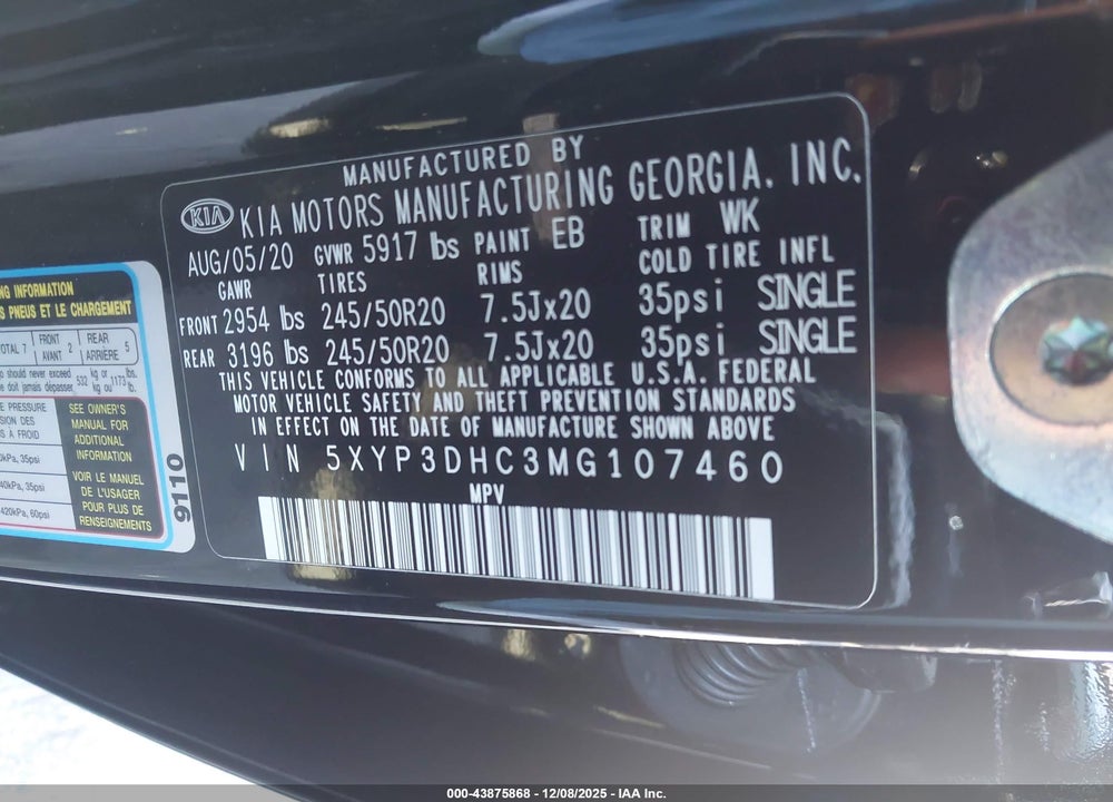 2021 KIA TELLURIDE EX VIN: 5XYP3DHC3MG107460