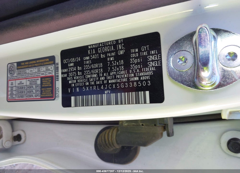 2025 KIA SORENTO S VIN: 5XYRL4JCXSG338503