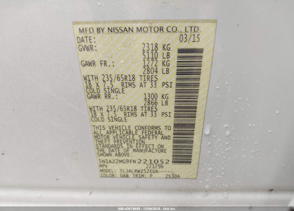 2015 NISSAN MURANO SL VIN: 5N1AZ2MG9FN221052