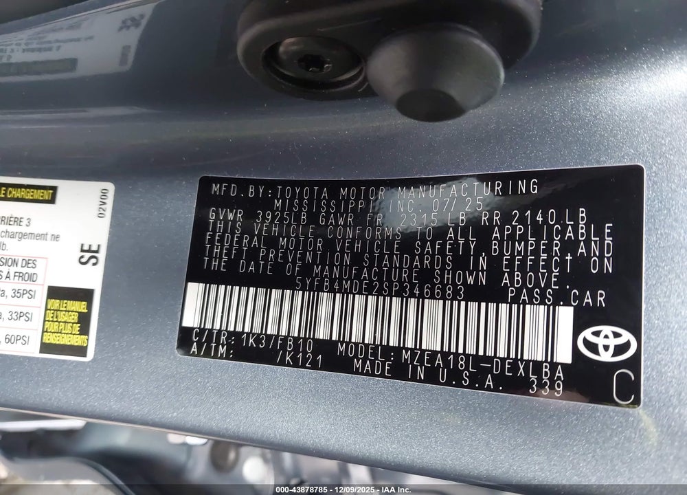 2025 TOYOTA COROLLA LE VIN: 5YFB4MDE2SP346683