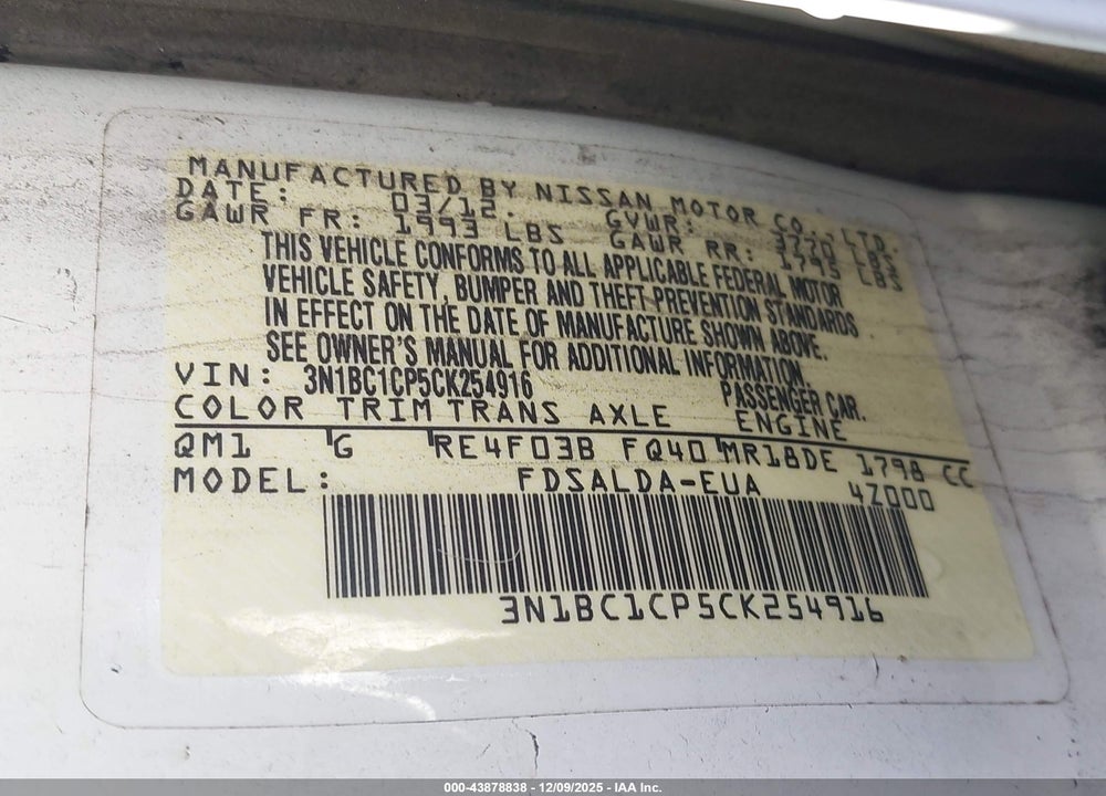 2012 NISSAN VERSA 1.8 S VIN: 3N1BC1CP5CK254916