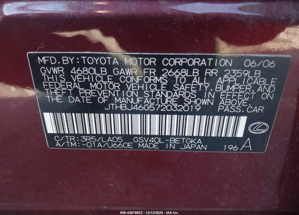 2007 LEXUS ES 350 VIN: JTHBJ46G572032019