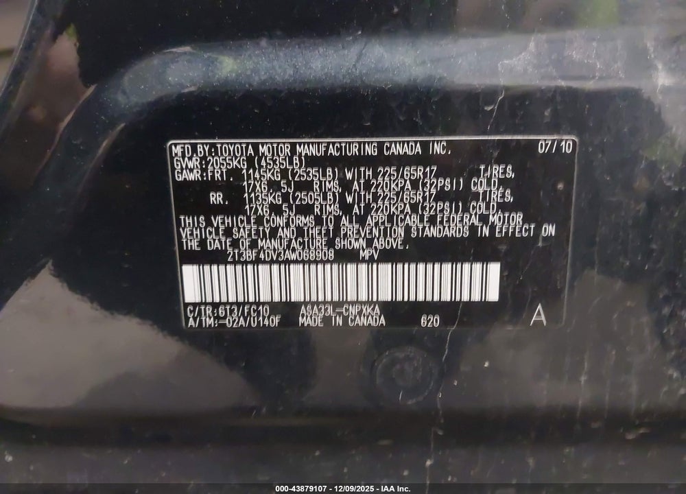 2010 TOYOTA RAV4 VIN: 2T3BF4DV3AW068908