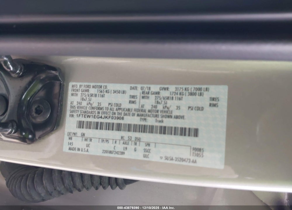 2018 FORD F-150 XLT VIN: 1FTEW1EG4JKF03908