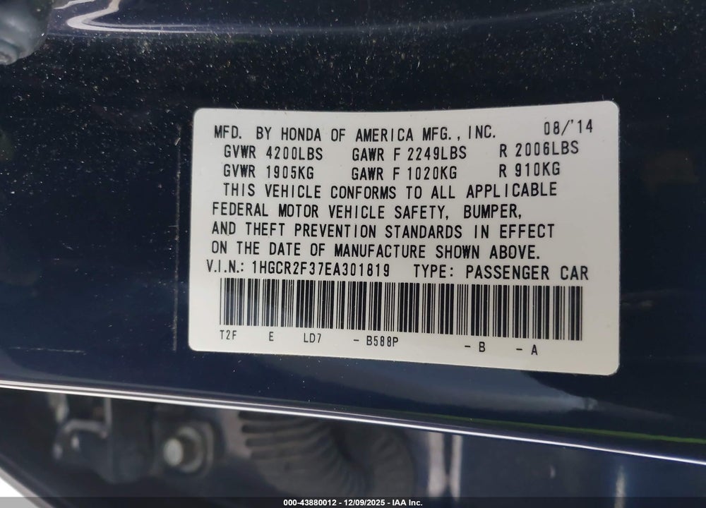 2014 HONDA ACCORD LX VIN: 1HGCR2F37EA301819