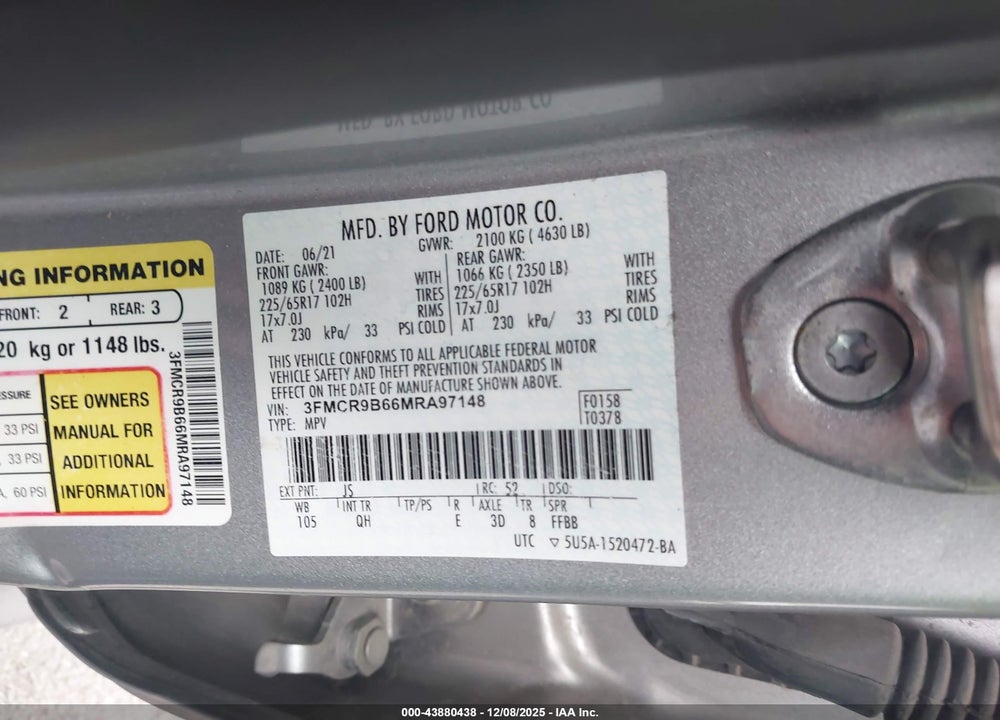2021 FORD BRONCO SPORT BIG BEND VIN: 3FMCR9B66MRA97148