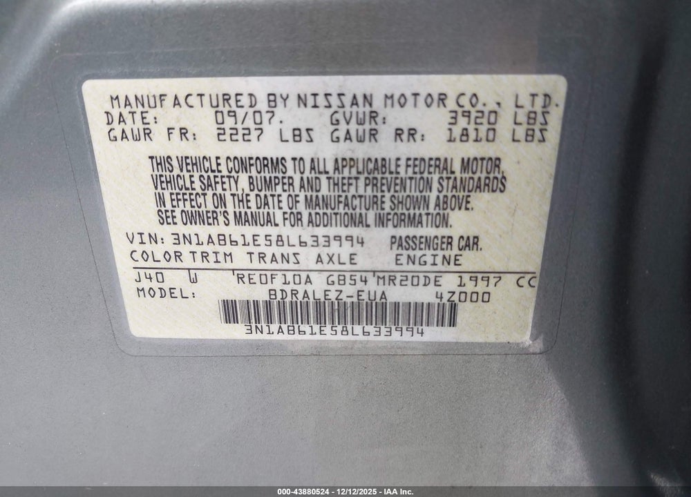 2008 NISSAN SENTRA 2.0S VIN: 3N1AB61E58L633994