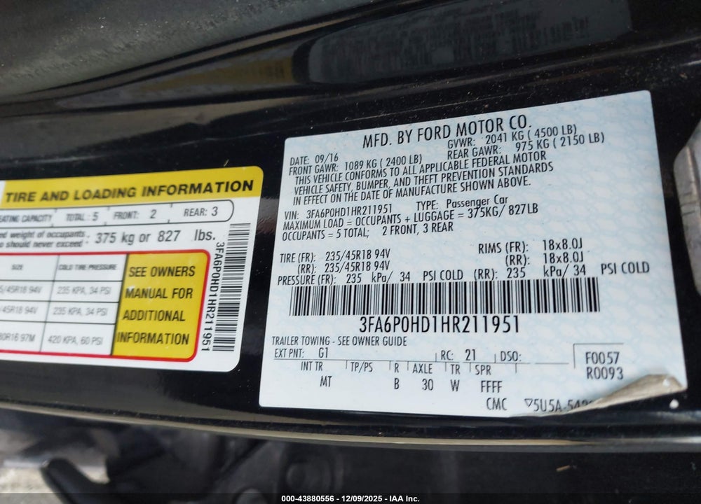 2017 FORD FUSION SE VIN: 3FA6P0HD1HR211951
