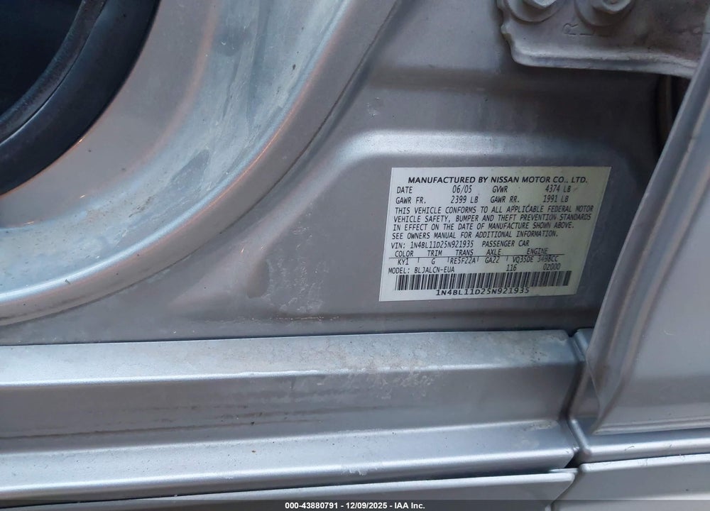 2005 NISSAN ALTIMA 3.5 SE VIN: 1N4BL11D25N921935