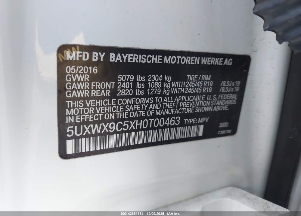 2017 BMW X3 XDRIVE28I VIN: 5UXWX9C5XH0T00463