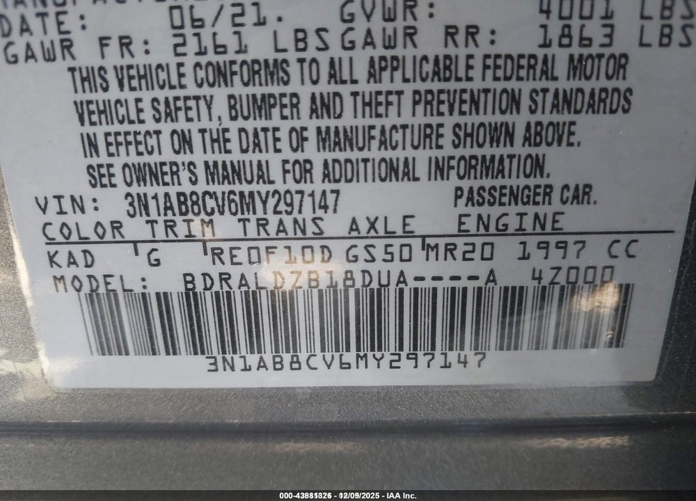 2021 NISSAN SENTRA SV XTRONIC CVT VIN: 3N1AB8CV6MY297147
