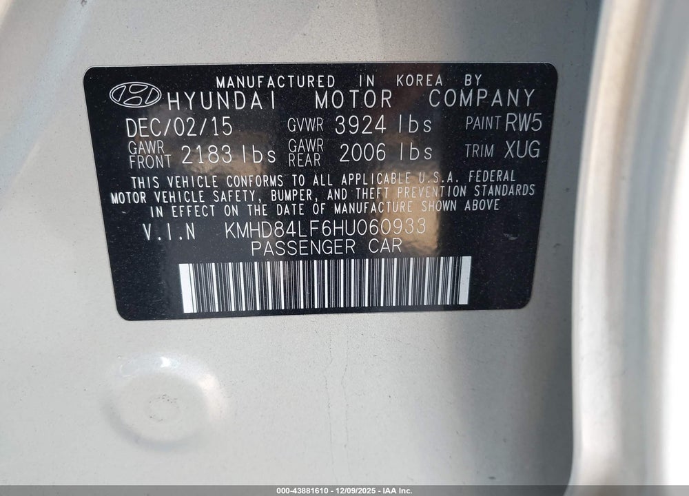 2017 HYUNDAI ELANTRA SE VIN: KMHD84LF6HU060933