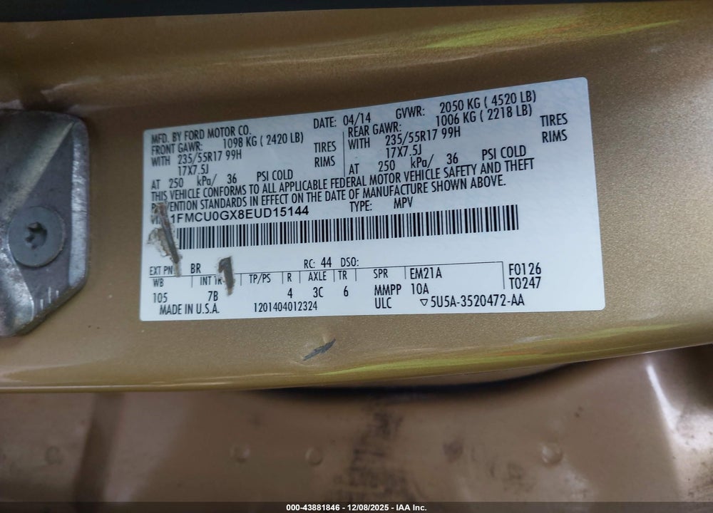2014 FORD ESCAPE SE VIN: 1FMCU0GX8EUD15144