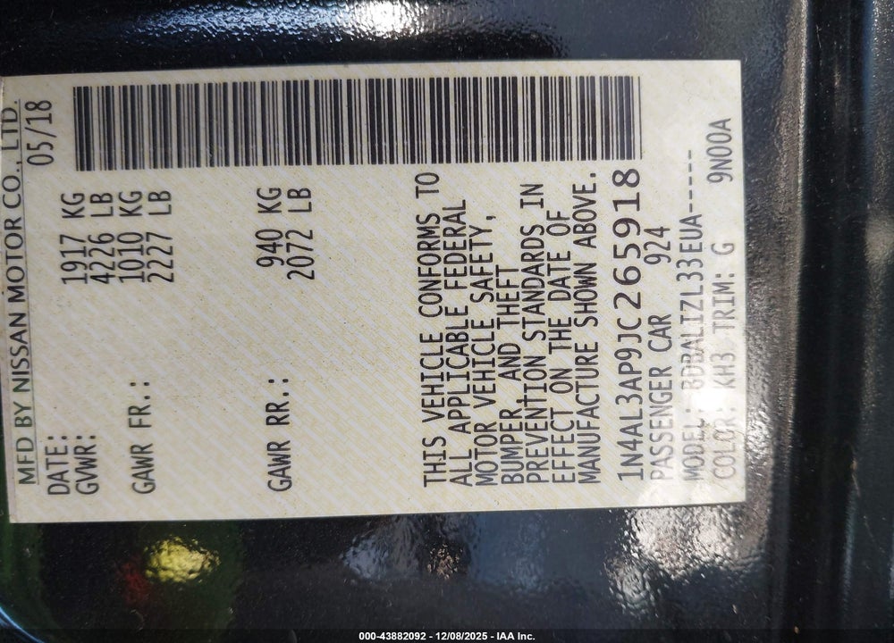 2018 NISSAN ALTIMA 2.5 SV VIN: 1N4AL3AP9JC265918