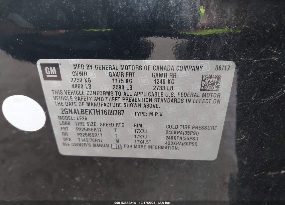 2017 CHEVROLET EQUINOX LS VIN: 2GNALBEK7H1609787