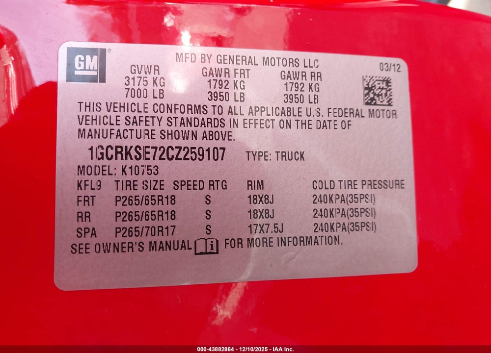 2012 CHEVROLET SILVERADO 1500 LT VIN: 1GCRKSE72CZ259107