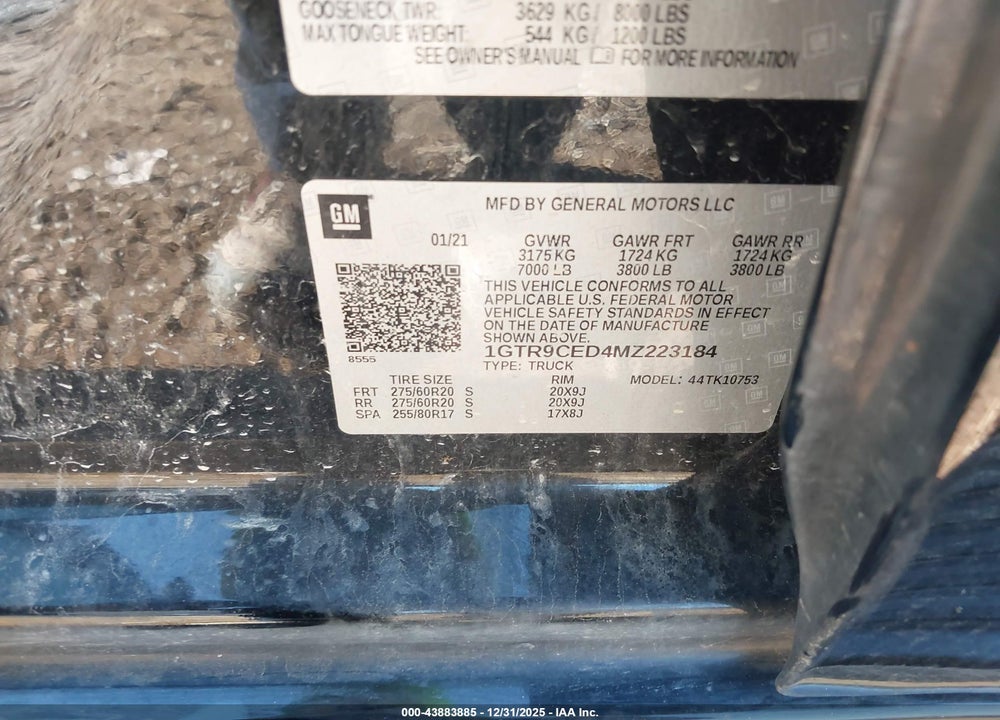 2021 GMC SIERRA 1500 4WD  STANDARD BOX ELEVATION VIN: 1GTR9CED4MZ223184