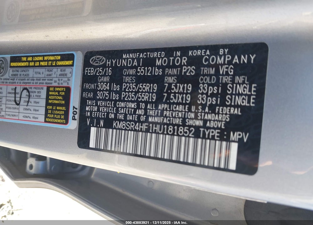 2017 HYUNDAI SANTA FE LIMITED ULTIMATE VIN: KM8SR4HF1HU181852