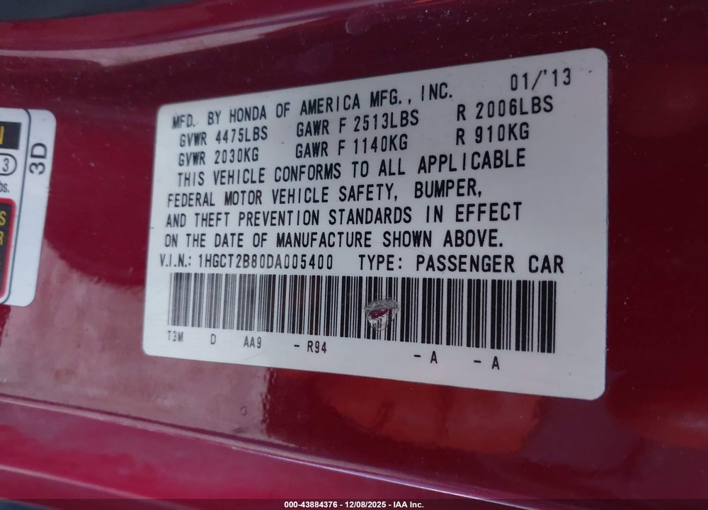 2013 HONDA ACCORD EX-L V-6 VIN: 1HGCT2B80DA005400