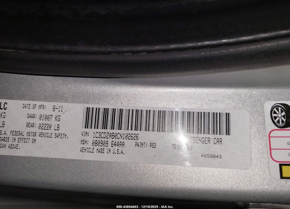 2012 AVENGER DODGE  SE VIN: 1C3CDZAB0CN102626