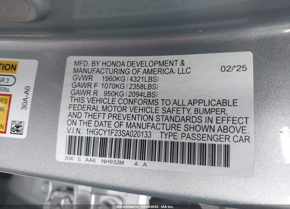 2025 HONDA ACCORD LX VIN: 1HGCY1F23SA020133