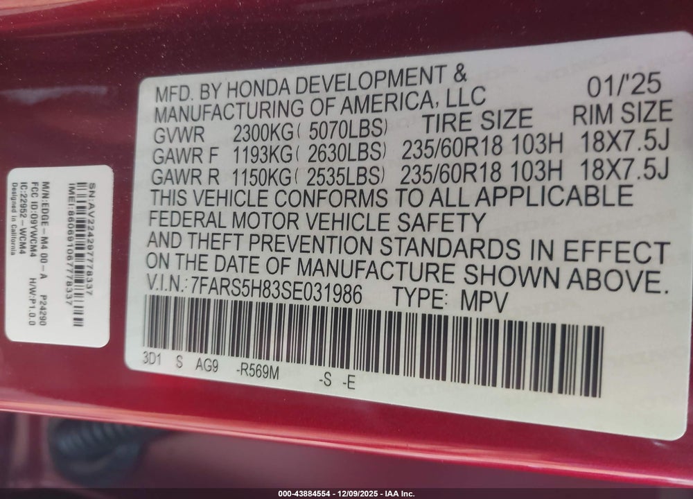 2025 HONDA CR-V HYBRID SPORT-L VIN: 7FARS5H83SE031986