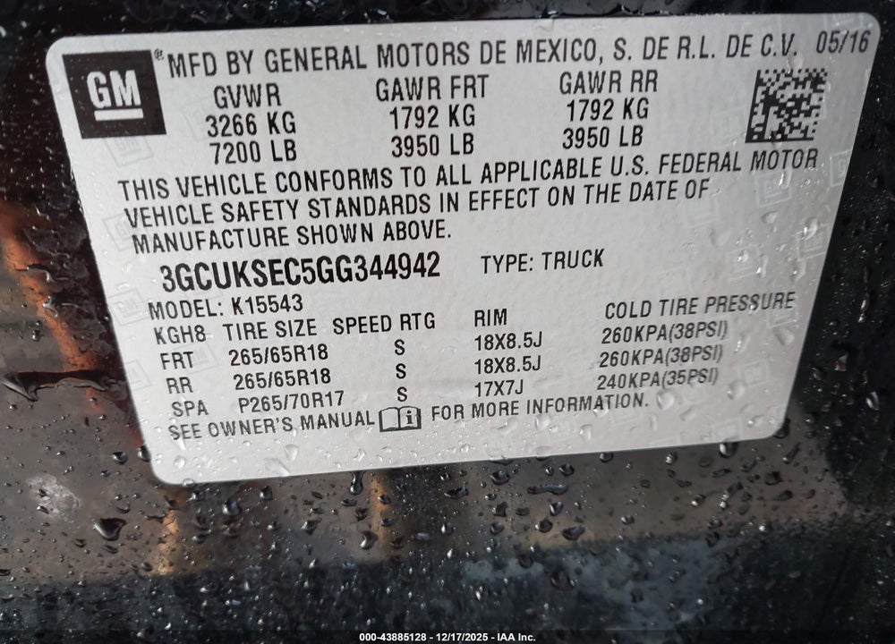 2016 CHEVROLET SILVERADO 1500 2LZ VIN: 3GCUKSEC5GG344942