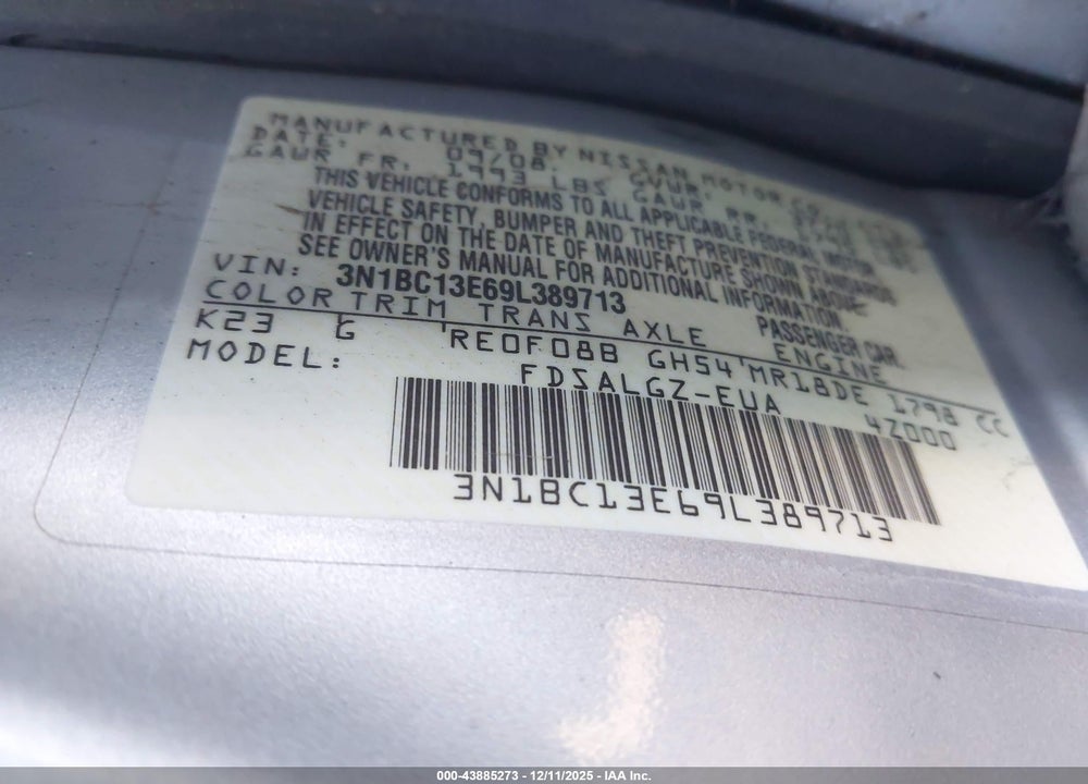 2009 NISSAN VERSA 1.8SL VIN: 3N1BC13E69L389713