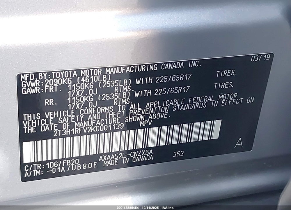 2019 TOYOTA RAV4 LE VIN: 2T3H1RFV2KC001139