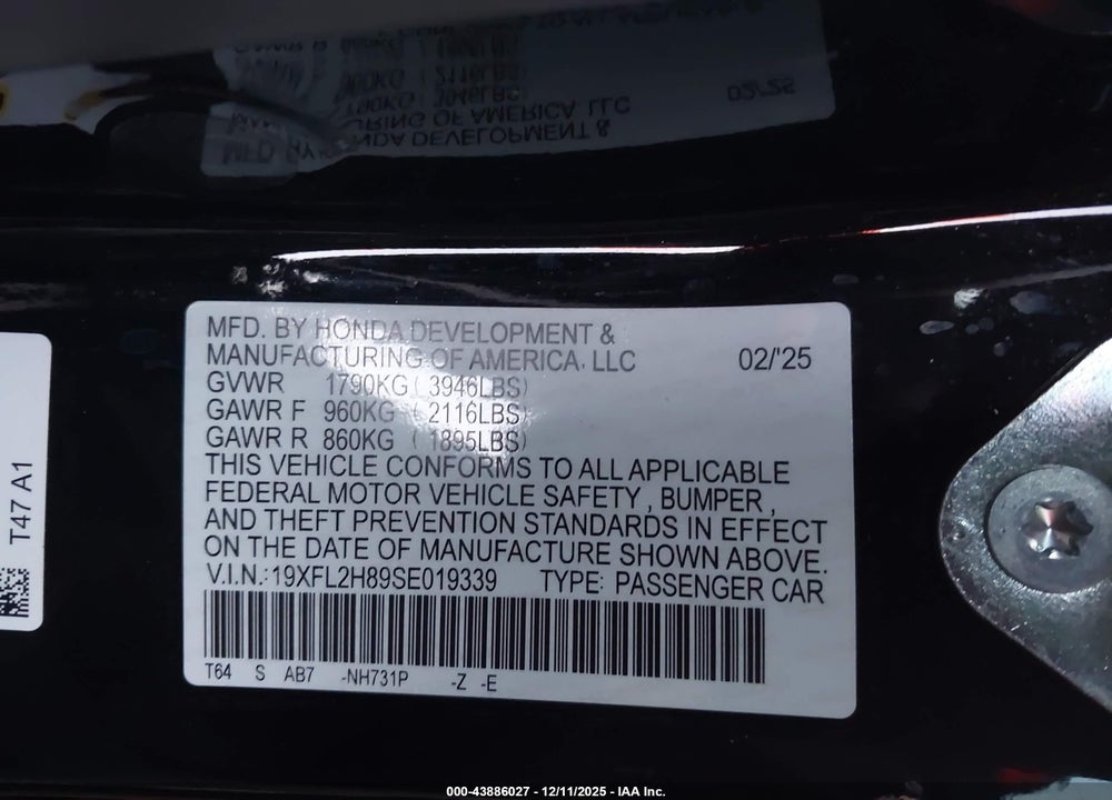 2025 HONDA CIVIC SEDAN SPORT VIN: 19XFL2H89SE019339