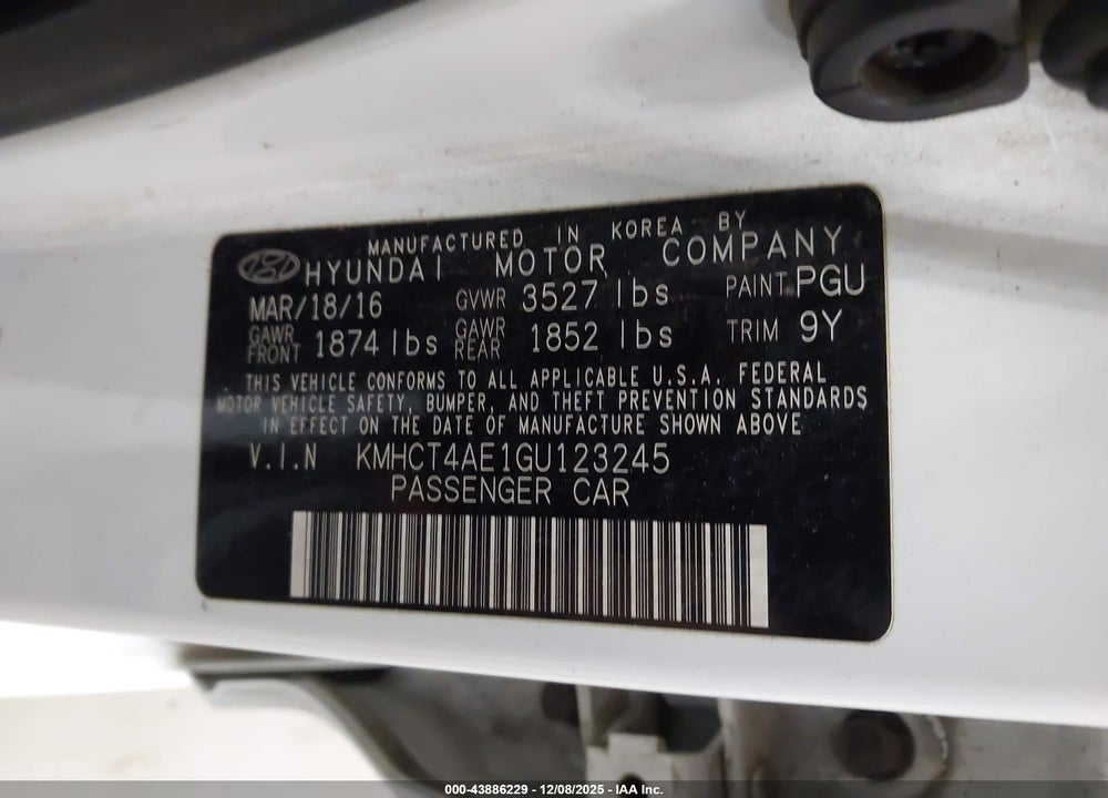 2016 HYUNDAI ACCENT SE VIN: KMHCT4AE1GU123245