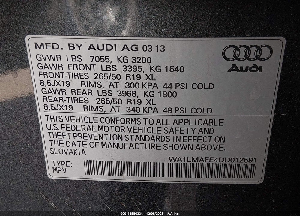 2013 AUDI Q7 3.0 TDI PREMIUM VIN: WA1LMAFE4DD012591