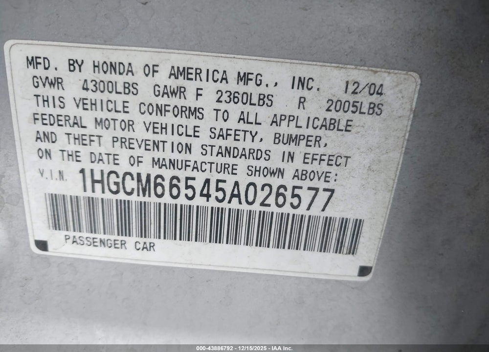 2005 HONDA ACCORD 3.0 EX VIN: 1HGCM66545A026577