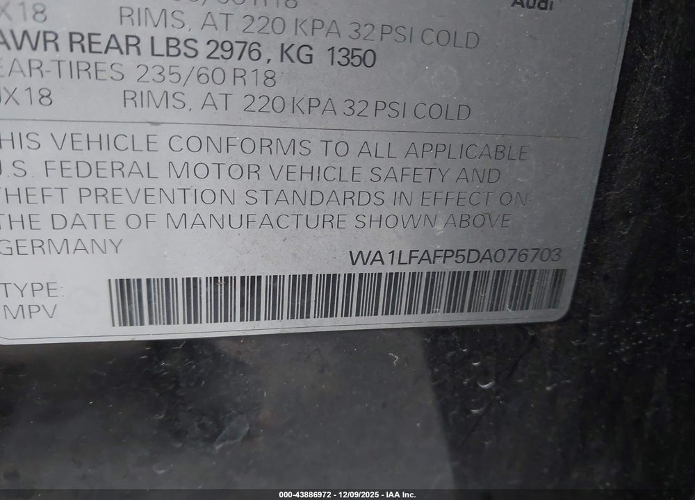 2013 AUDI Q5 2.0T PREMIUM VIN: WA1LFAFP5DA076703