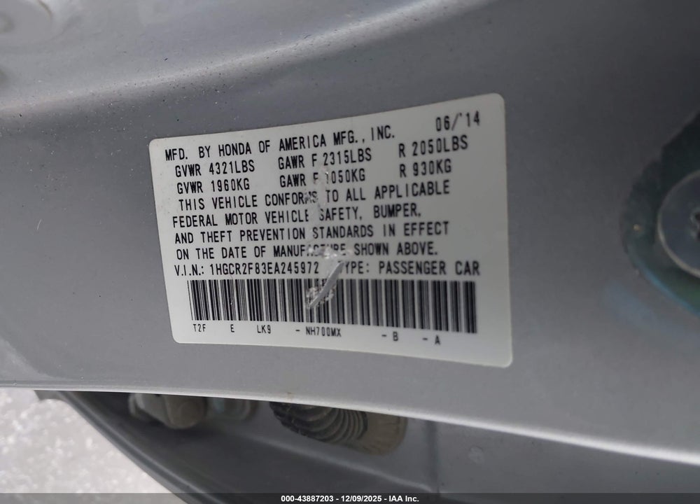 2014 HONDA ACCORD EX-L VIN: 1HGCR2F83EA245972