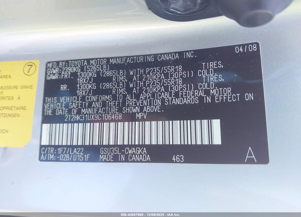 2009 LEXUS RX 350 VIN: 2T2HK31UX9C106468