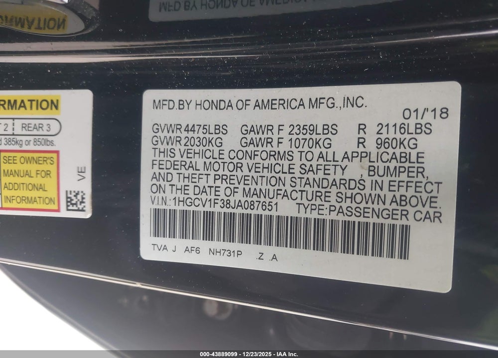 2018 HONDA ACCORD SPORT VIN: 1HGCV1F38JA087651