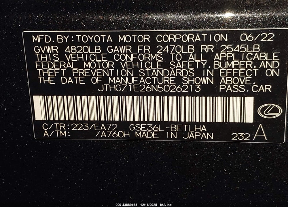 2022 LEXUS IS 350 F SPORT VIN: JTHGZ1E26N5026213