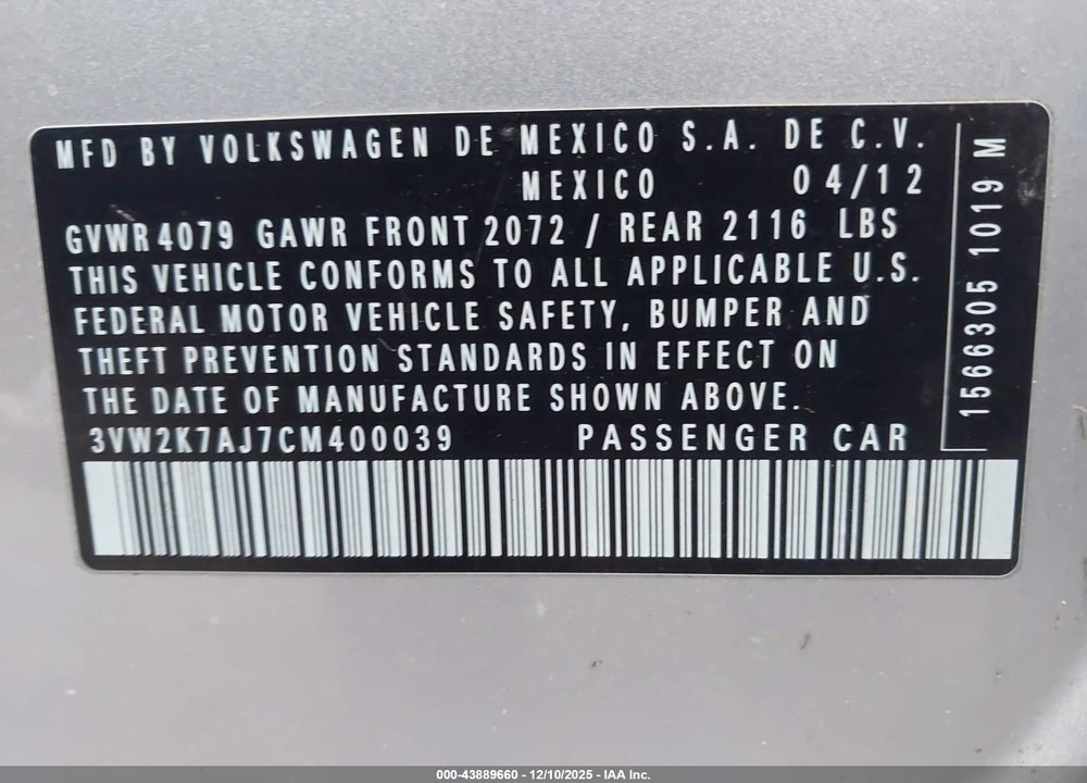 2012 VOLKSWAGEN JETTA 2.0L S VIN: 3VW2K7AJ7CM400039
