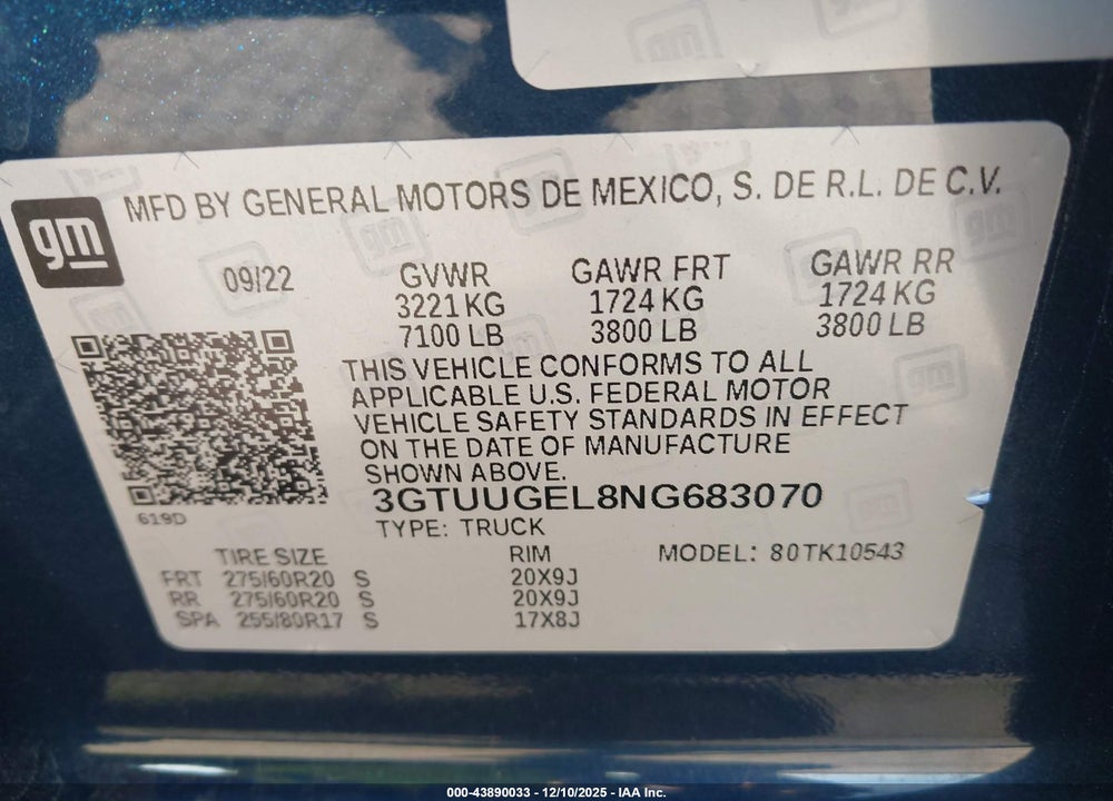 2022 GMC SIERRA 1500 4WD  SHORT BOX DENALI VIN: 3GTUUGEL8NG683070