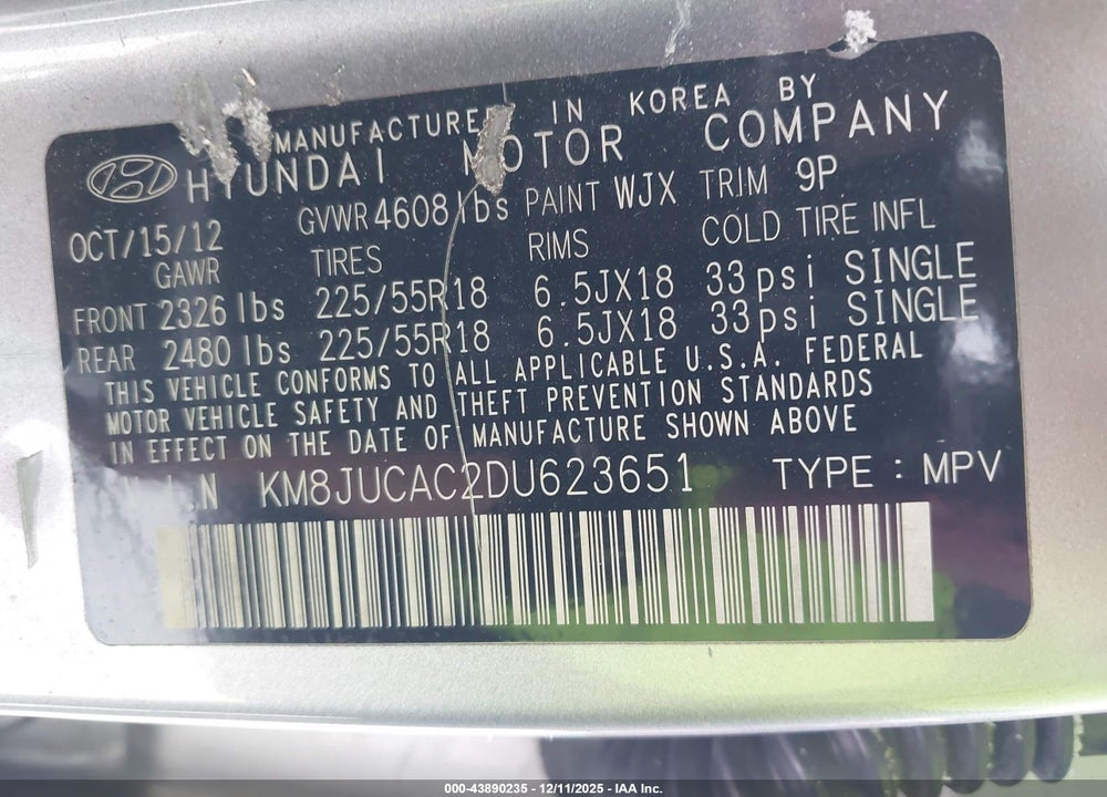 2013 HYUNDAI TUCSON LIMITED VIN: KM8JUCAC2DU623651