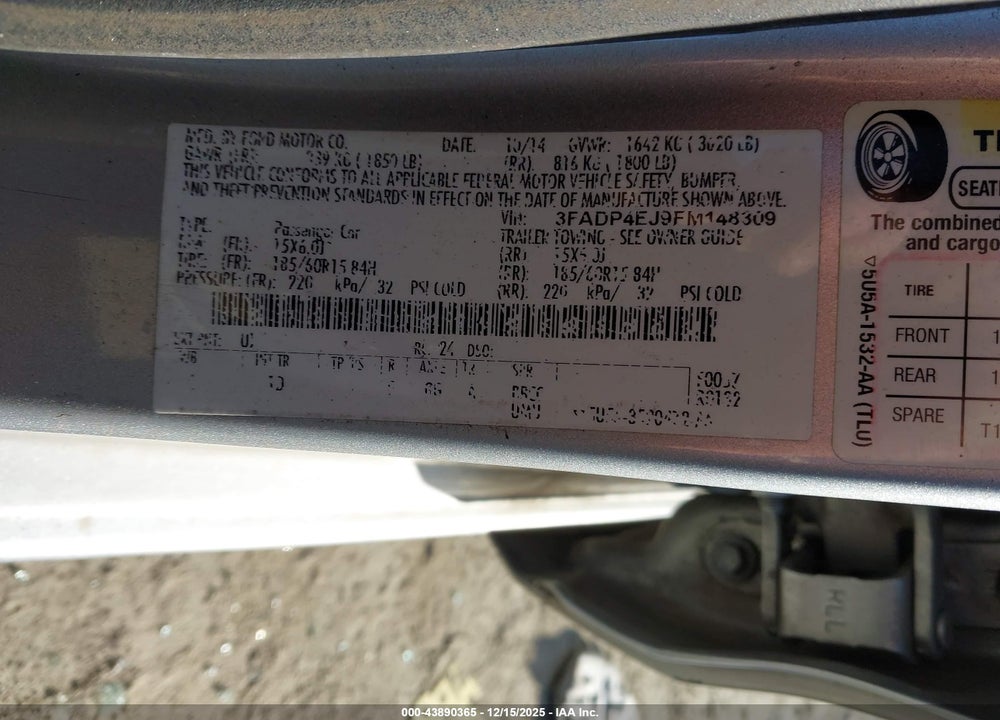 2015 FORD FIESTA SE VIN: 3FADP4EJ9FM148309