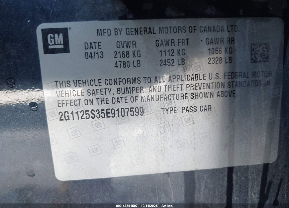 2014 CHEVROLET IMPALA 2LT VIN: 2G1125S35E9107599